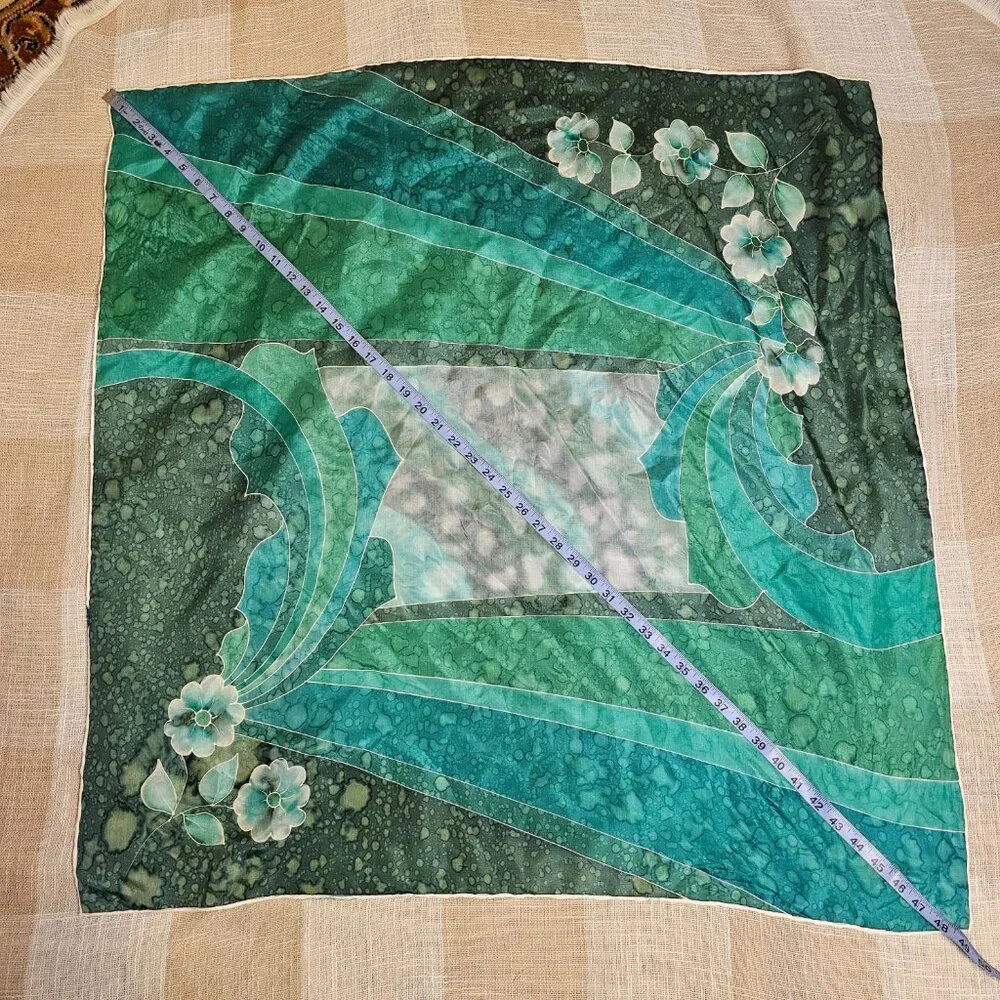 Vintage Mobwife Preppy Indie Green Silk Abstract Print Scarf Wrap Hair Accessory
